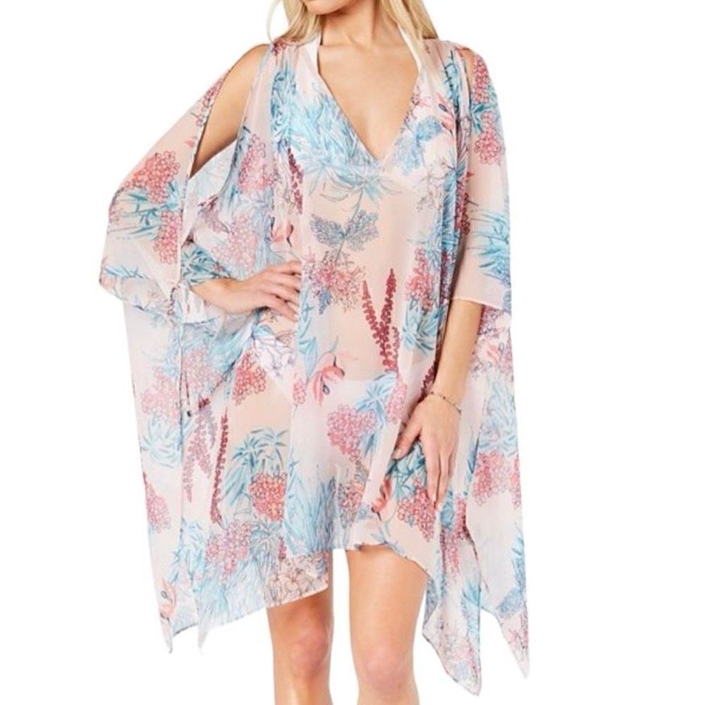 Tommy Hilfiger Women’s S/M Caftan Pink Teal Cover Up   Flutter Sleeve Kimono